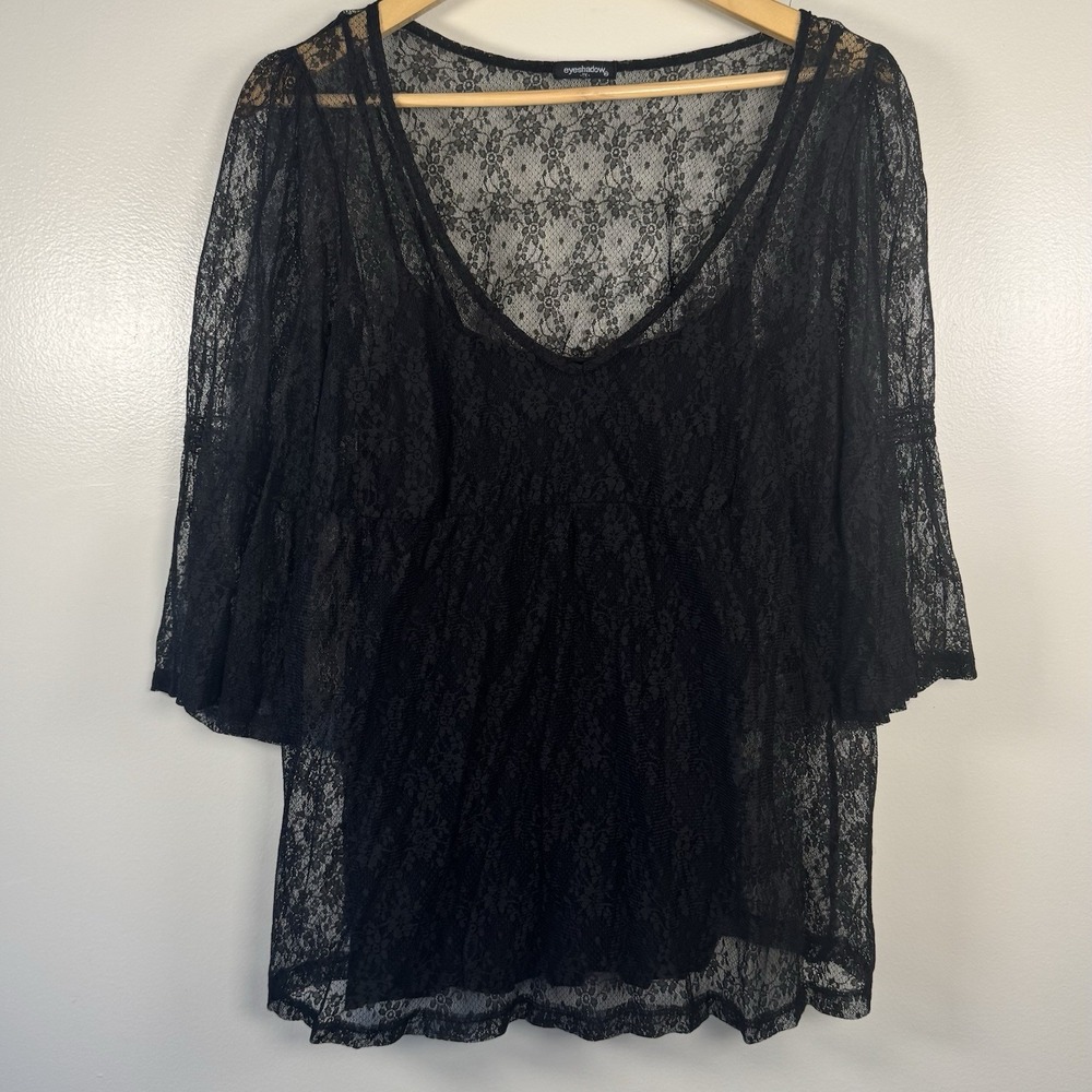 Vintage Eyeshadow Black Lace Womens 1X‎ Sheer Babydoll Top Flounce Half Sleeves